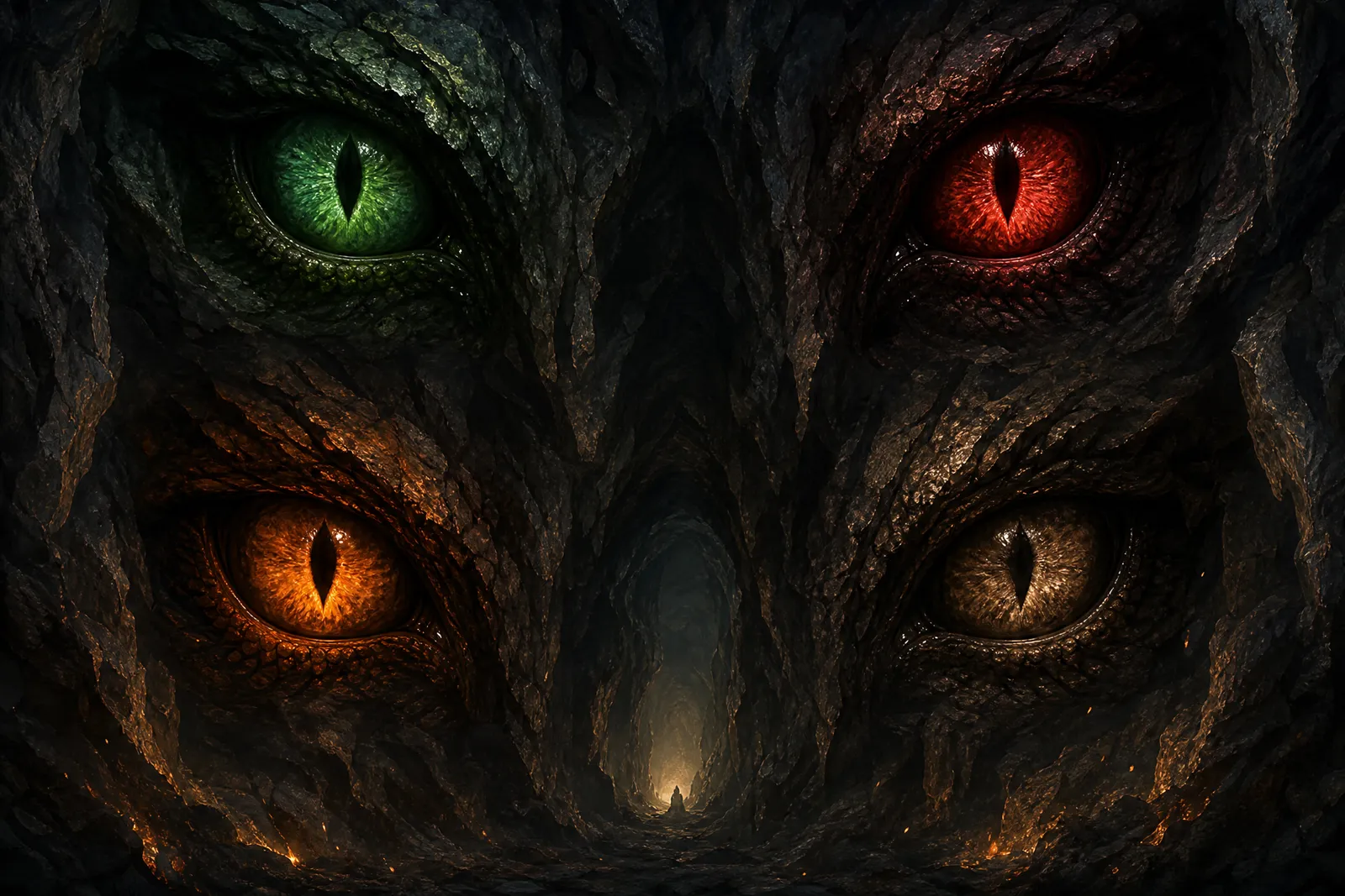 Glowing dragon eyes of different colors in the darkness